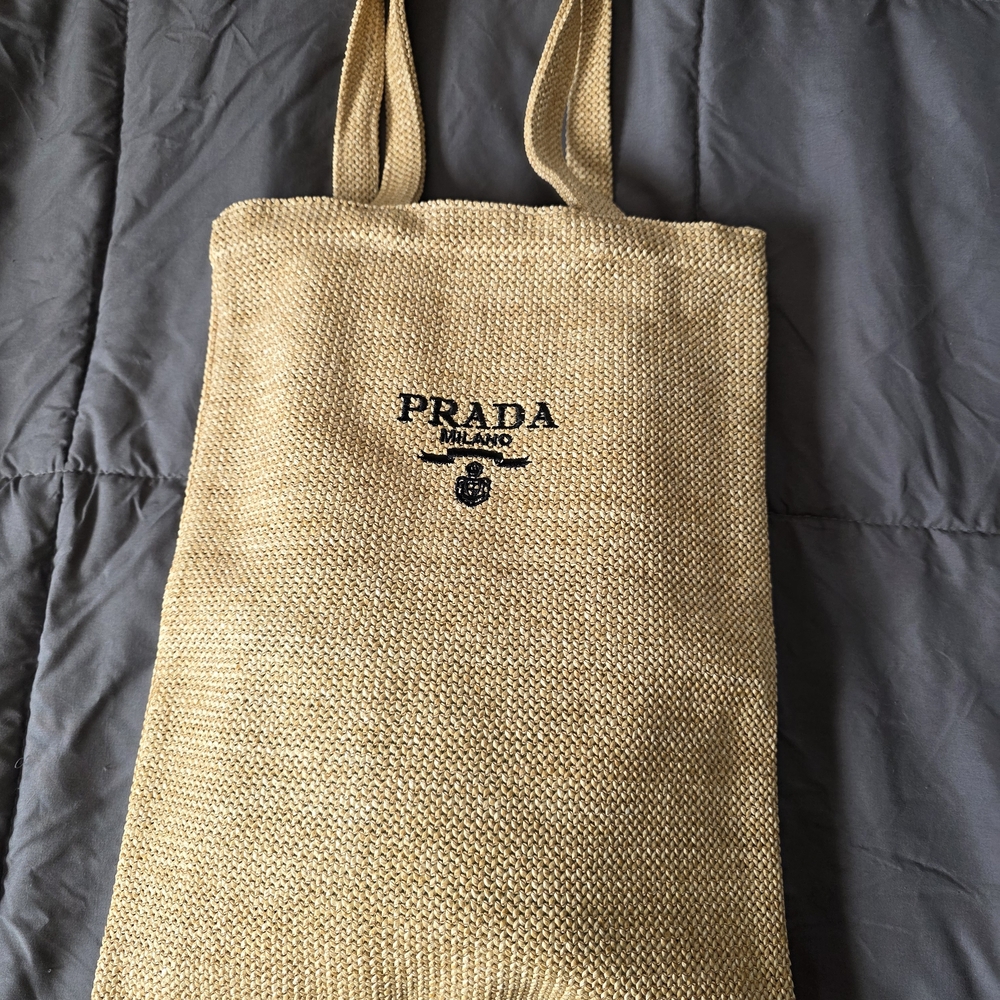 L'Homme Prada Parfums Beige Woven Messenger Tote with Black Logo